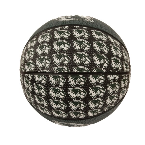 22 inch mini UVU rubber basketball with a mascot logo and “Utah Valley Wolverines” on green alternating with repeating mascot logos